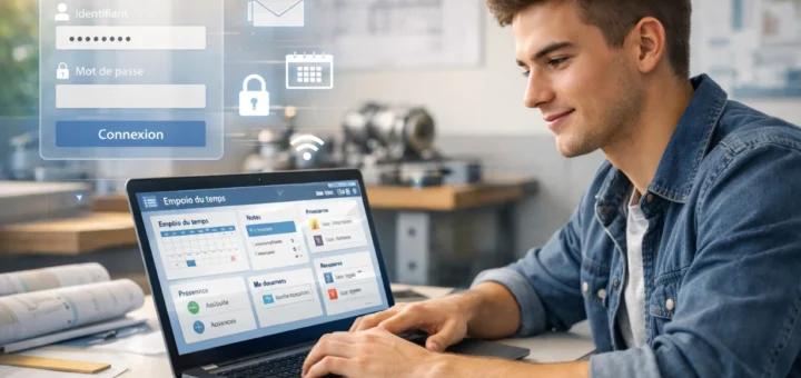 Apprenti utilisant un portail étudiant en ligne sur ordinateur dans une salle lumineuse.