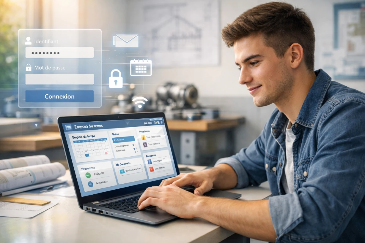 Apprenti utilisant un portail étudiant en ligne sur ordinateur dans une salle lumineuse.