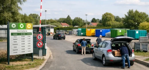 Entrée de la déchèterie de Laventie avec voitures, bennes colorées et panneau des horaires d’accès.