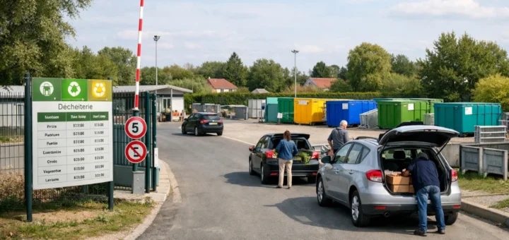 Entrée de la déchèterie de Laventie avec voitures, bennes colorées et panneau des horaires d’accès.