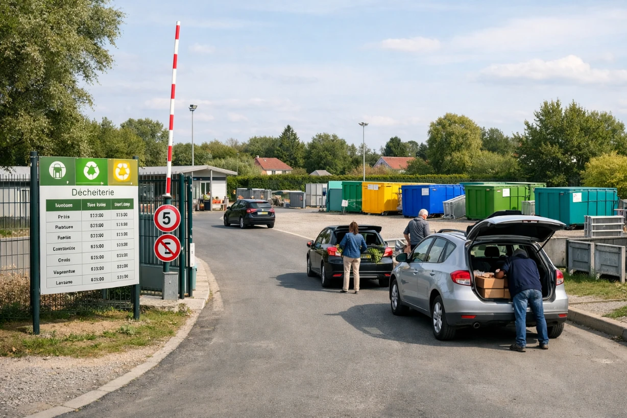 Entrée de la déchèterie de Laventie avec voitures, bennes colorées et panneau des horaires d’accès.