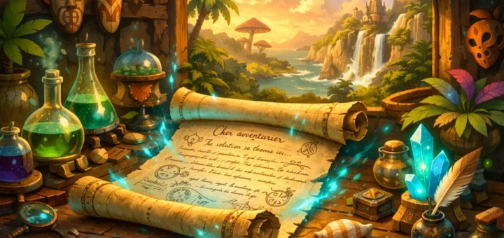 Parchemin magique lumineux dans le laboratoire d’Otomai face à une île tropicale fantastique.