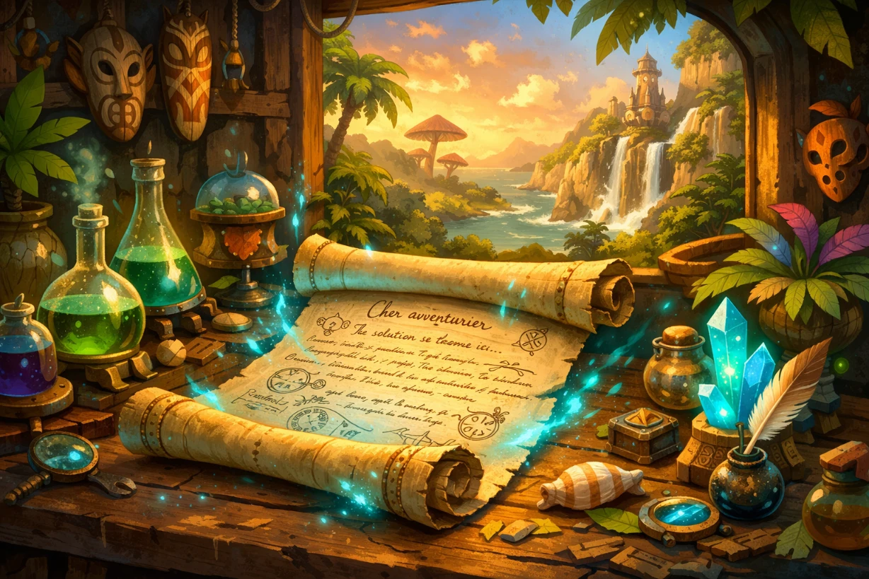 Parchemin magique lumineux dans le laboratoire d’Otomai face à une île tropicale fantastique.