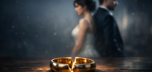 Alliance brisée au premier plan, mariés dos à dos flous en arrière-plan sombre.