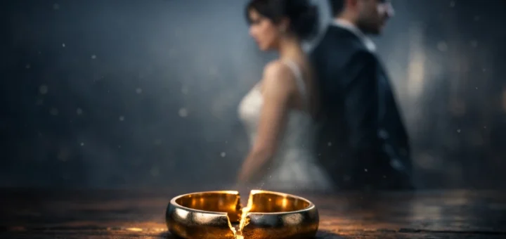 Alliance brisée au premier plan, mariés dos à dos flous en arrière-plan sombre.