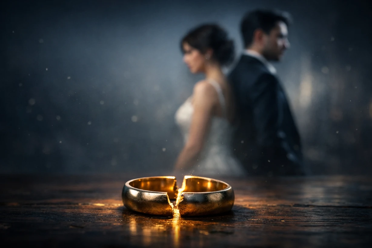 Alliance brisée au premier plan, mariés dos à dos flous en arrière-plan sombre.