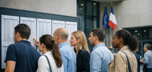 Groupe de candidats consultant les résultats d’un concours devant un bâtiment administratif français officiel.
