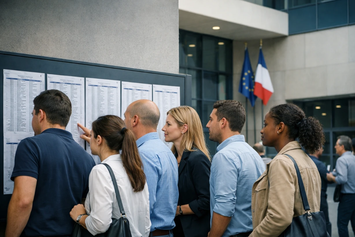 Groupe de candidats consultant les résultats d’un concours devant un bâtiment administratif français officiel.