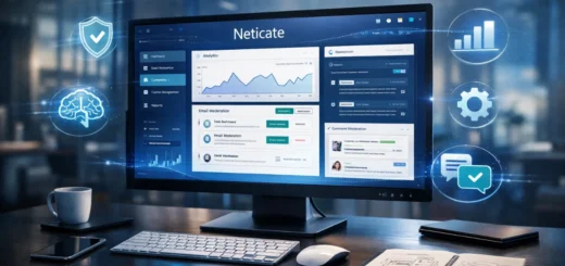 Bureau moderne avec écran affichant le tableau de bord du logiciel Neticate et ses outils de gestion.