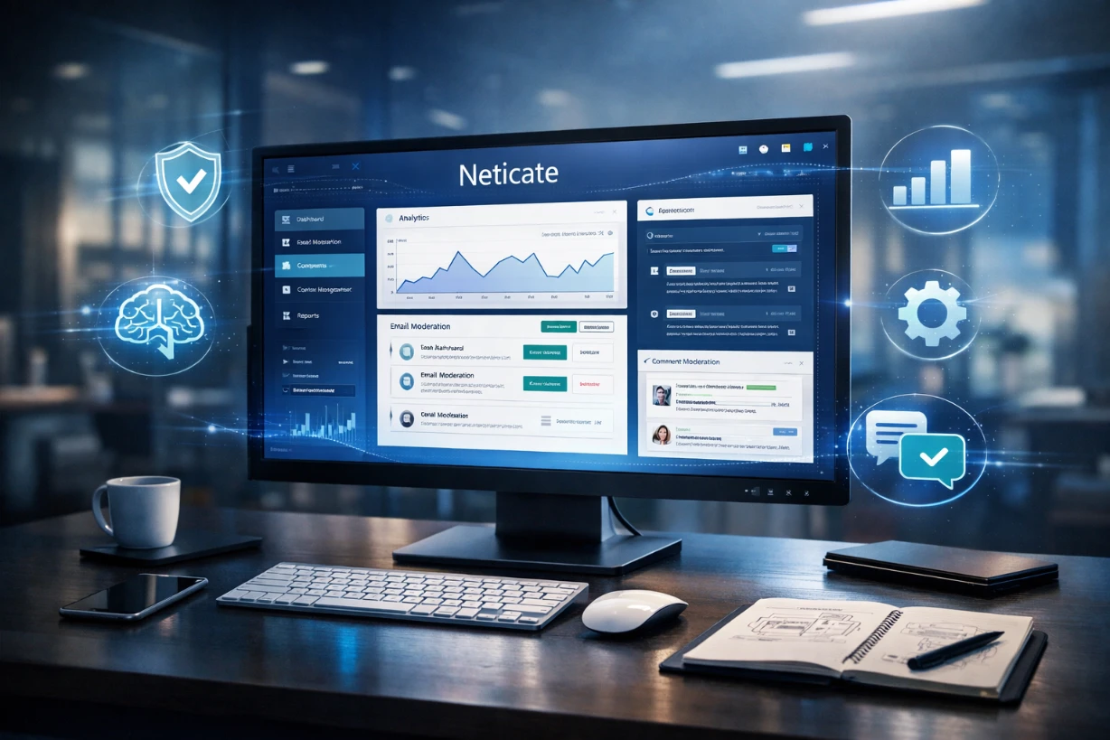 Bureau moderne avec écran affichant le tableau de bord du logiciel Neticate et ses outils de gestion.