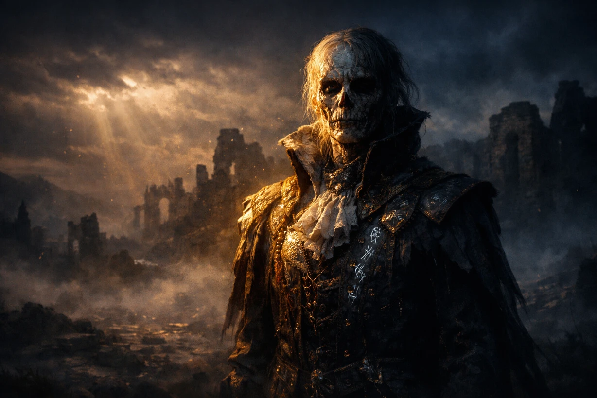 Silhouette gothique éclairée, ruines brumeuses et lumière dorée dramatique au crépuscule.