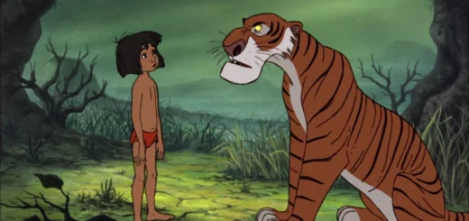 Mowgli en pagne rouge face au tigre Shere Khan dans une jungle sombre et mystérieuse animée dense 2D.