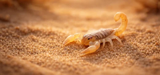 Jeune scorpion translucide posé sur le sable doré au coucher du soleil.