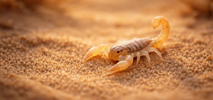Jeune scorpion translucide posé sur le sable doré au coucher du soleil.