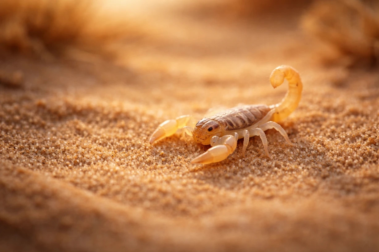 Jeune scorpion translucide posé sur le sable doré au coucher du soleil.