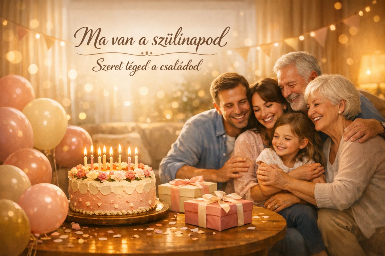 Famille réunie autour d’un gâteau d’anniversaire, ambiance chaleureuse et festive dans un salon lumineux.