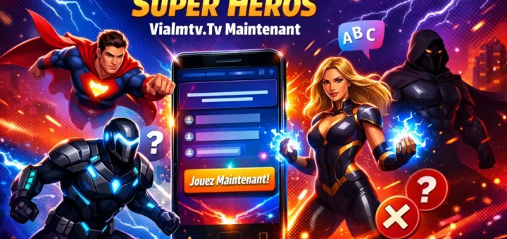 Quiz super-héros sur smartphone avec héros dynamiques et effets lumineux colorés éclatants.