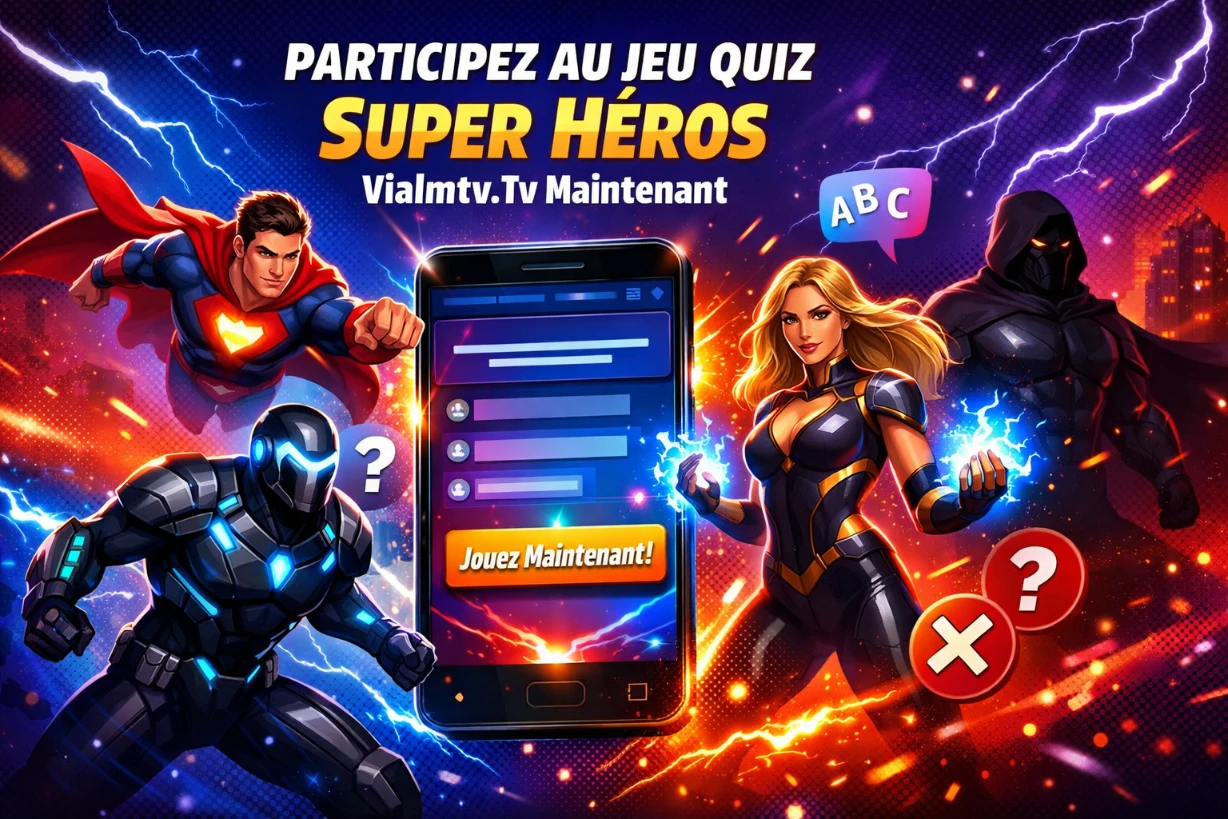 Quiz super-héros sur smartphone avec héros dynamiques et effets lumineux colorés éclatants.