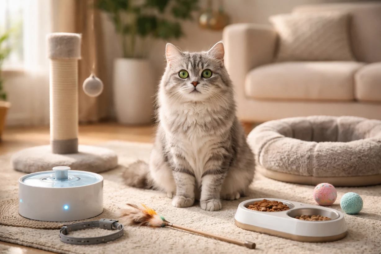 Chat gris entouré d’accessoires premium dans un salon lumineux et moderne chaleureux.