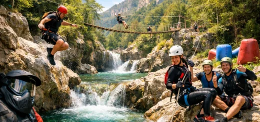 Aventuriers pratiquant le canyoning dans un canyon italien, eau turquoise, pont suspendu et tyrolienne.