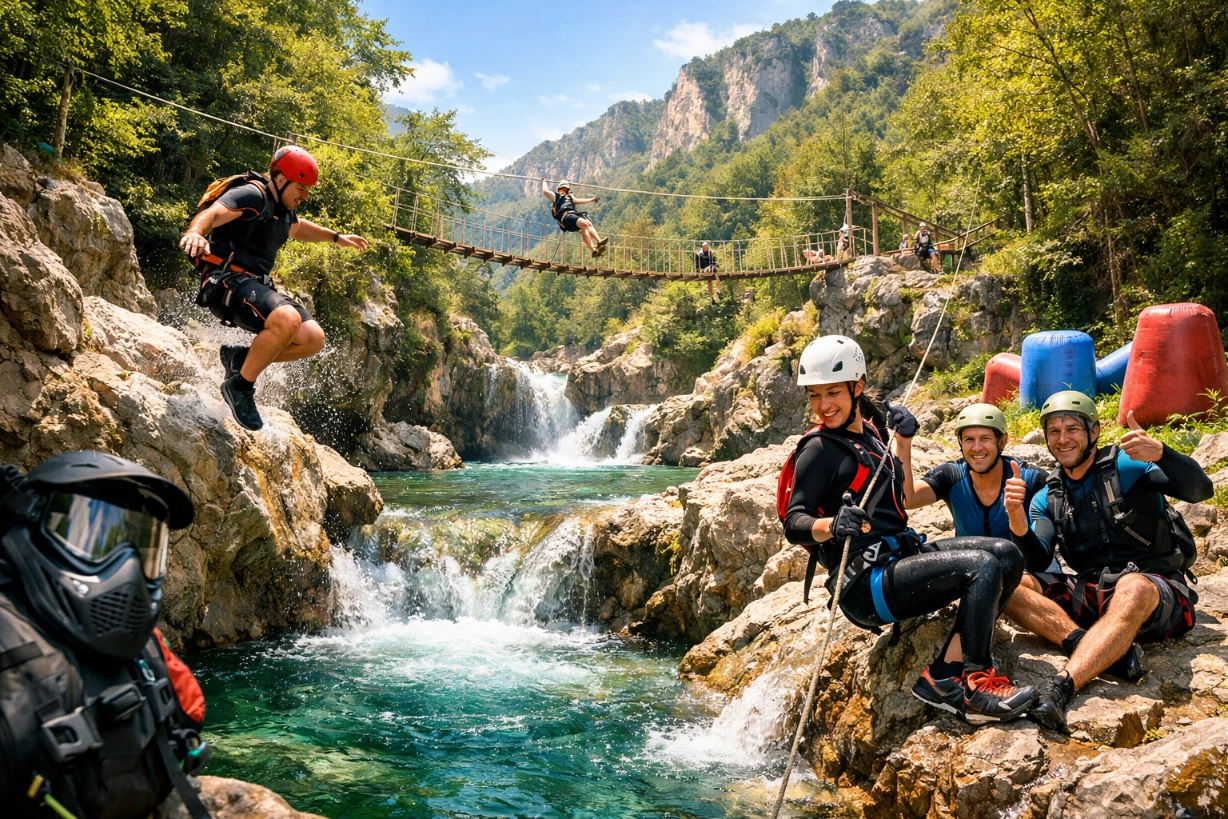 Aventuriers pratiquant le canyoning dans un canyon italien, eau turquoise, pont suspendu et tyrolienne.