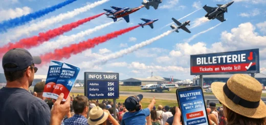 Meeting aérien en plein jour avec foule, avions acrobatiques et billetterie visible sur panneaux et smartphone.