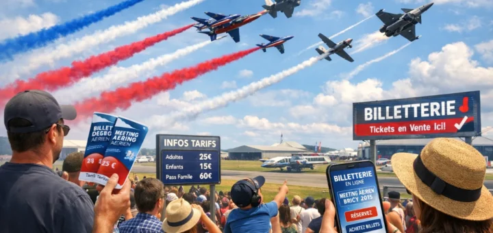 Meeting aérien en plein jour avec foule, avions acrobatiques et billetterie visible sur panneaux et smartphone.