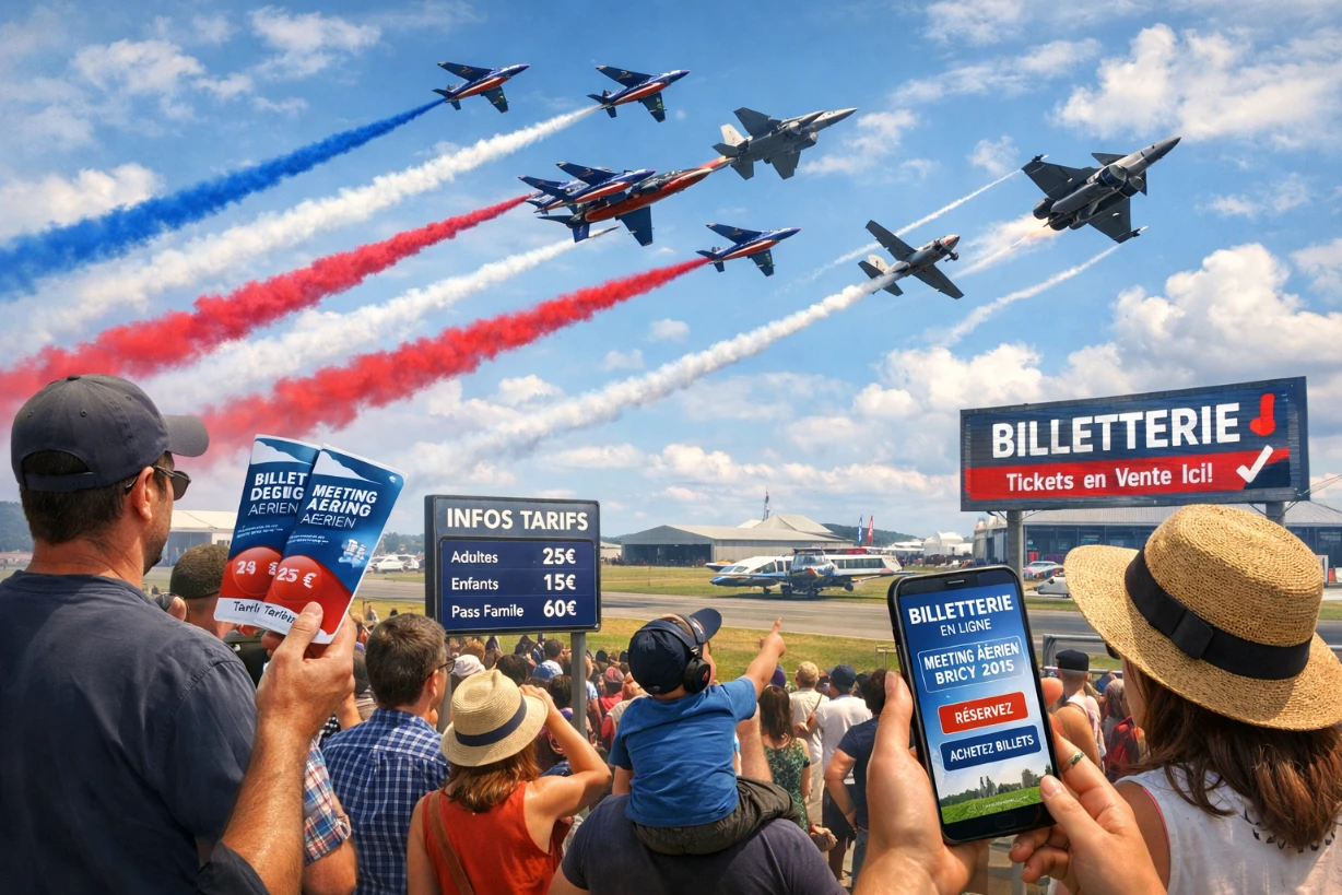 Meeting aérien en plein jour avec foule, avions acrobatiques et billetterie visible sur panneaux et smartphone.