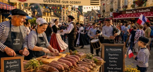 Fête animée à Guémené-sur-Scorff avec stands d’andouille, musique et danse bretonne chaleureuse.