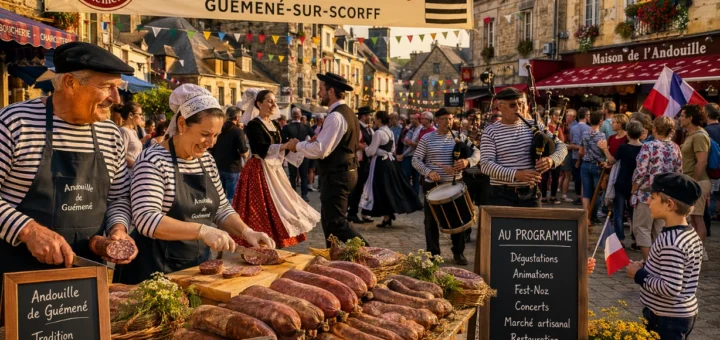 Fête animée à Guémené-sur-Scorff avec stands d’andouille, musique et danse bretonne chaleureuse.
