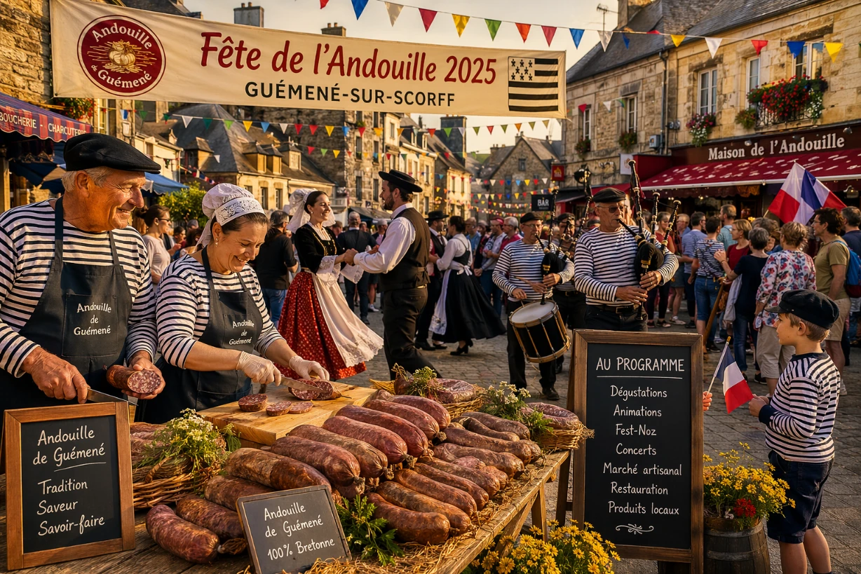 Fête animée à Guémené-sur-Scorff avec stands d’andouille, musique et danse bretonne chaleureuse.