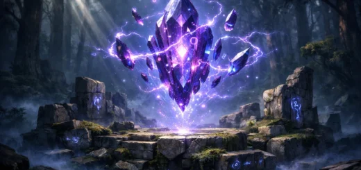 Cristal magique violet flottant au-dessus de ruines anciennes dans une forêt brumeuse au crépuscule.