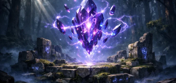 Cristal magique violet flottant au-dessus de ruines anciennes dans une forêt brumeuse au crépuscule.