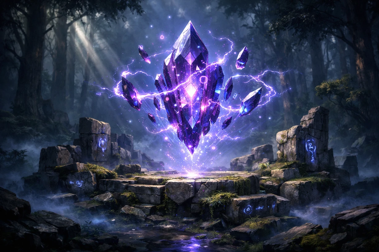 Cristal magique violet flottant au-dessus de ruines anciennes dans une forêt brumeuse au crépuscule.