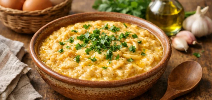 Frijata maison crémeuse au poulet et œufs, garnie de persil frais sur table rustique chaleureuse.