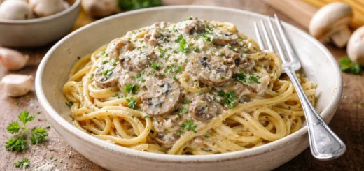 Spaghetti à la sauce crémeuse aux champignons, servi chaud avec persil et parmesan frais.