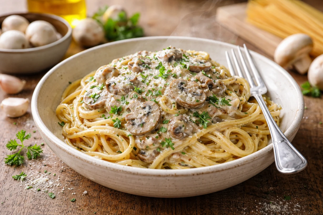 Spaghetti à la sauce crémeuse aux champignons, servi chaud avec persil et parmesan frais.