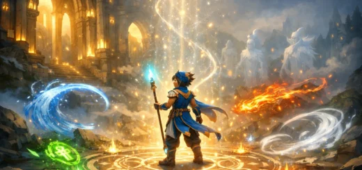 Jeune aventurier au centre d’un cercle magique lumineux dans un temple mystique ancestral.