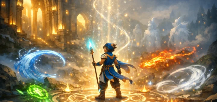 Jeune aventurier au centre d’un cercle magique lumineux dans un temple mystique ancestral.