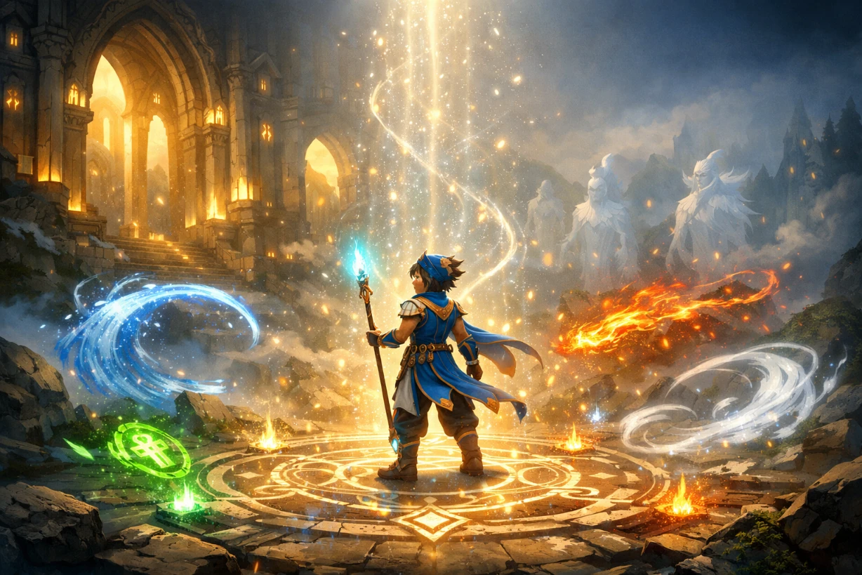 Jeune aventurier au centre d’un cercle magique lumineux dans un temple mystique ancestral.