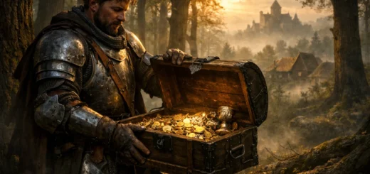 Chevalier médiéval découvrant un coffre au trésor dans une forêt brumeuse, village et château à l’aube.