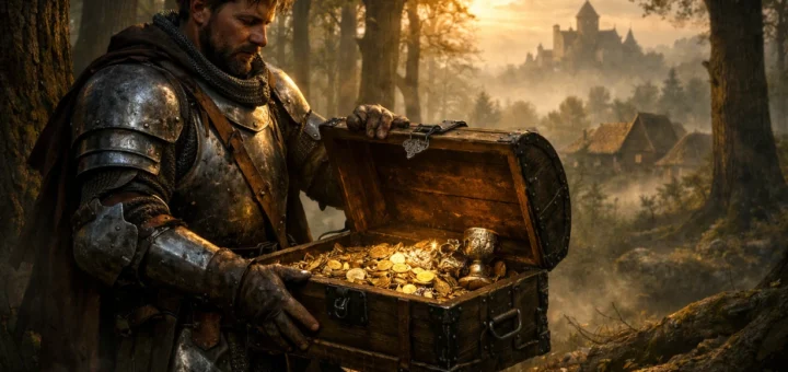 Chevalier médiéval découvrant un coffre au trésor dans une forêt brumeuse, village et château à l’aube.