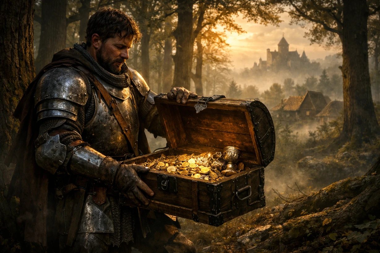 Chevalier médiéval découvrant un coffre au trésor dans une forêt brumeuse, village et château à l’aube.