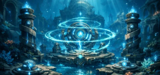 Ruines sous-marines mystiques avec mécanismes hydro lumineux et énergie bleutée magique.