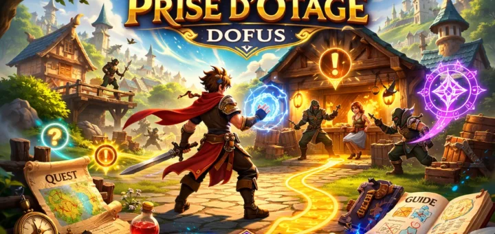 Héros affrontant des bandits dans un village fantasy pour sauver un otage stratégique.