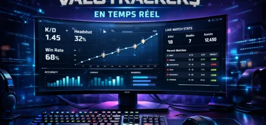 Setup gaming futuriste avec écran affichant stats e-sport en temps réel et clavier RGB lumineux.