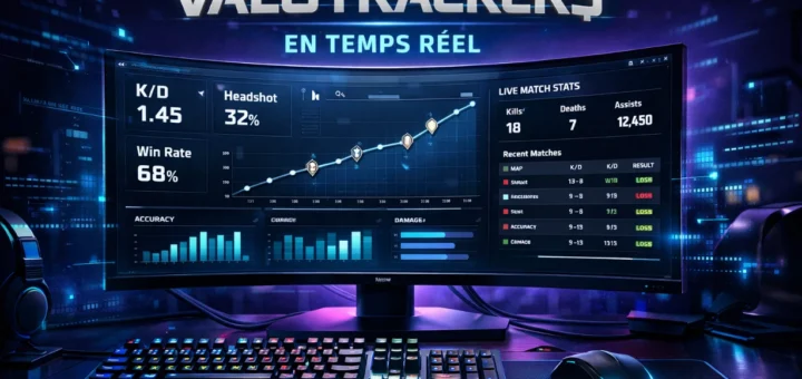 Setup gaming futuriste avec écran affichant stats e-sport en temps réel et clavier RGB lumineux.