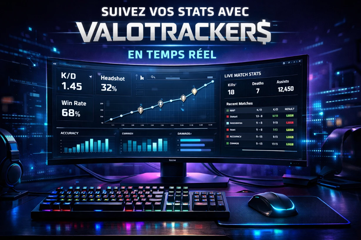 Setup gaming futuriste avec écran affichant stats e-sport en temps réel et clavier RGB lumineux.