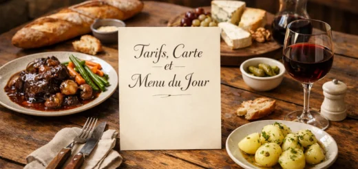 Table rustique avec menu du jour manuscrit, plats français traditionnels et verre de vin dans une auberge de campagne.