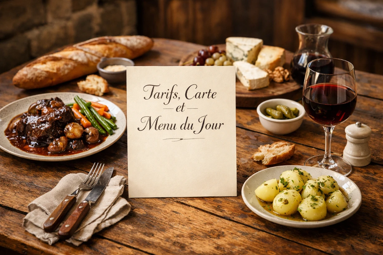 Table rustique avec menu du jour manuscrit, plats français traditionnels et verre de vin dans une auberge de campagne.